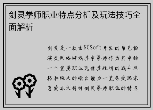 剑灵拳师职业特点分析及玩法技巧全面解析